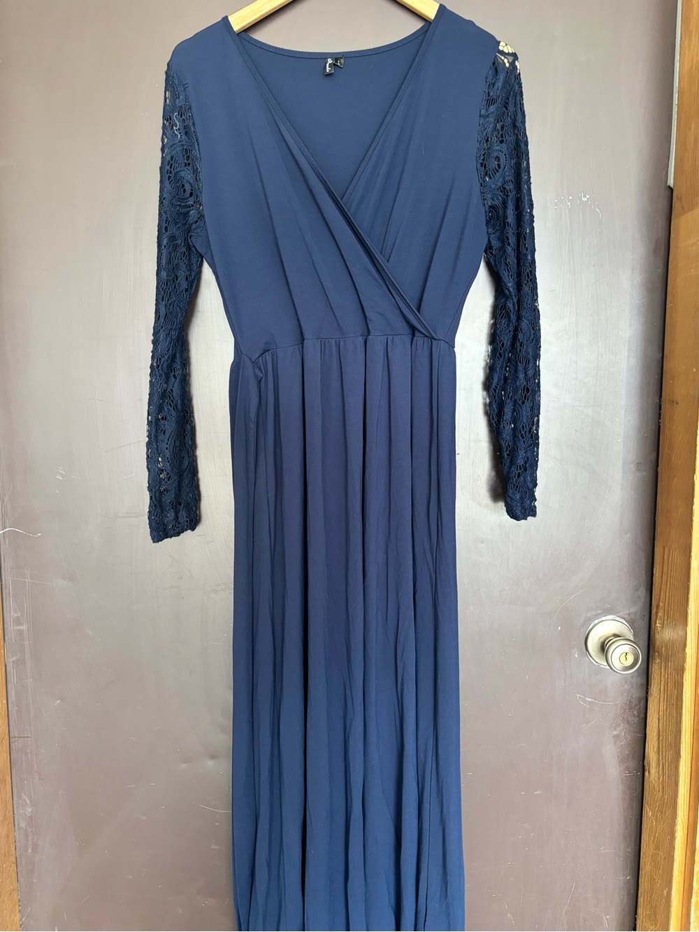 Elegant Navy Lace-Sleeve Wrap Maxi Dress